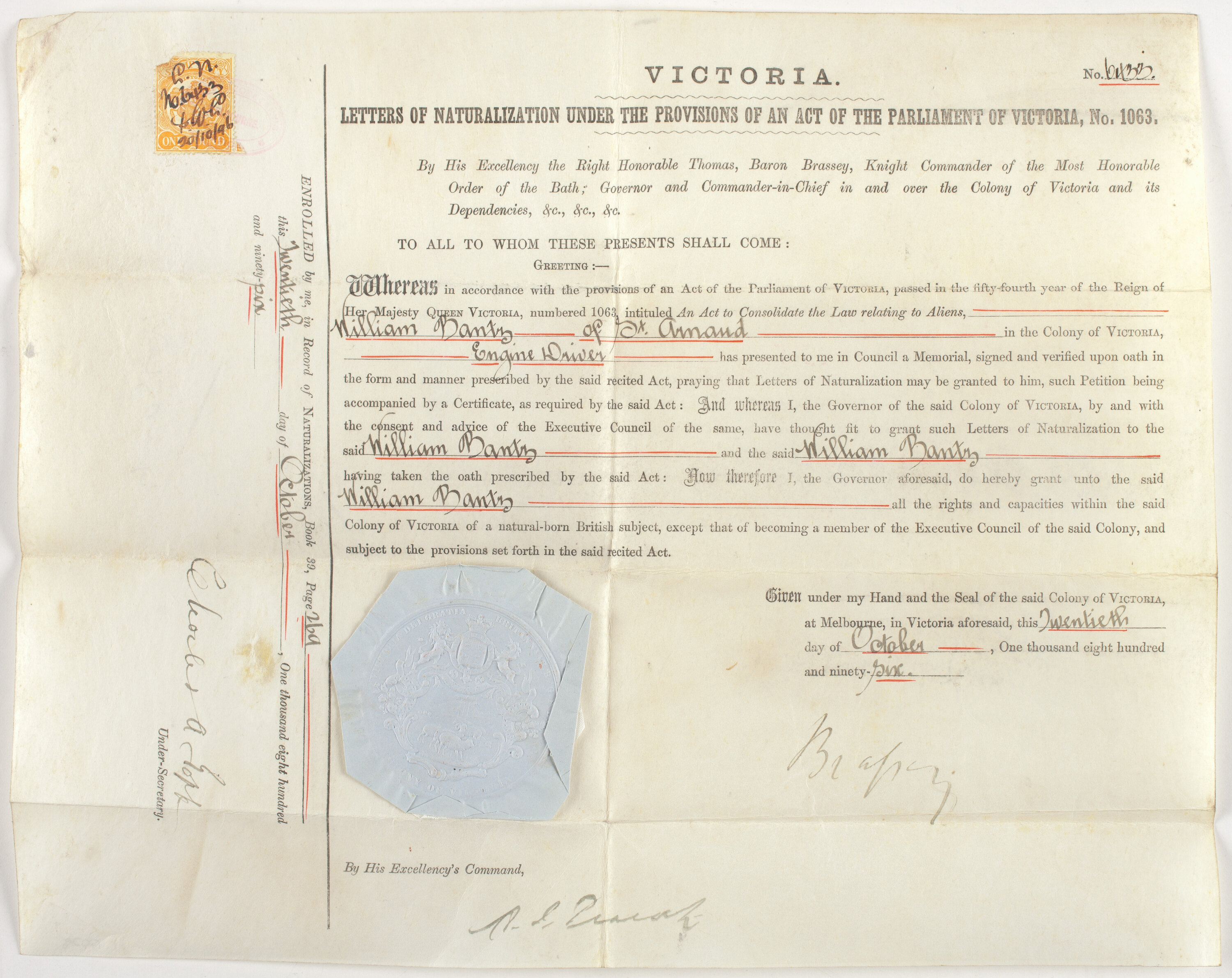 William Bantry Naturalisation Certificate