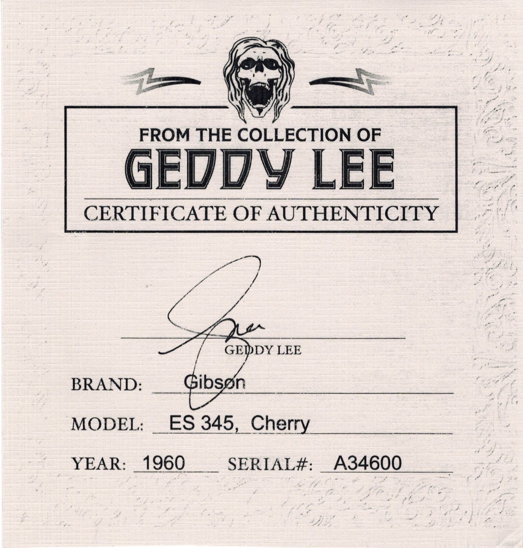 Geddy Lee Certificate of Authenticity