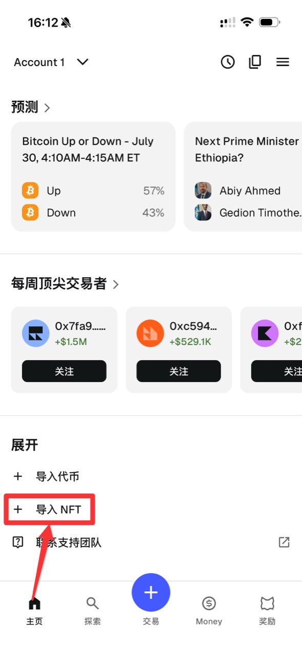 MetaMask 手機版主頁的展開區域,箭頭指向匯入 NFT