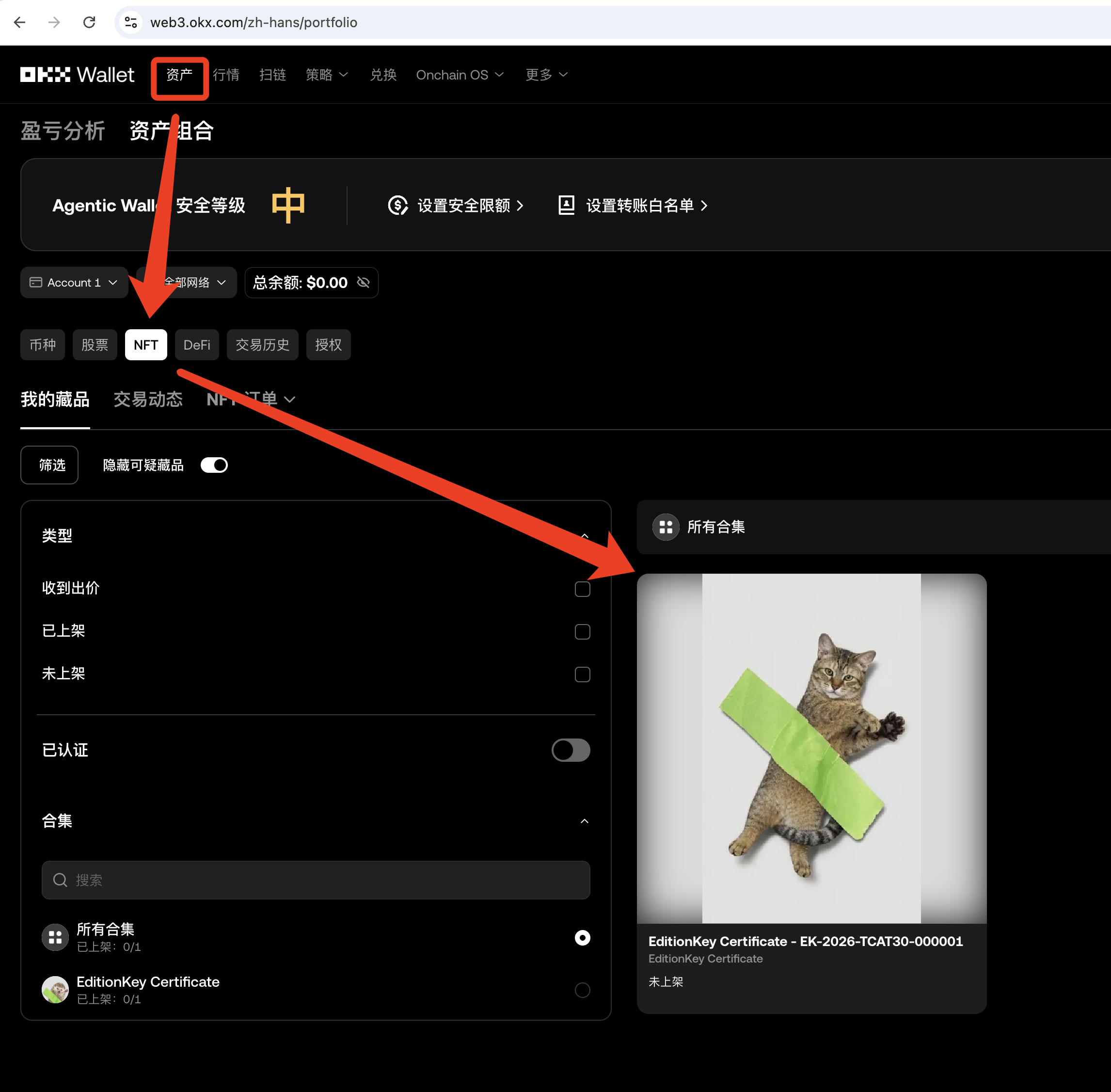 OKX Wallet 網頁版資產看板,顯示「資產」、NFT 分頁及 EditionKey Certificate