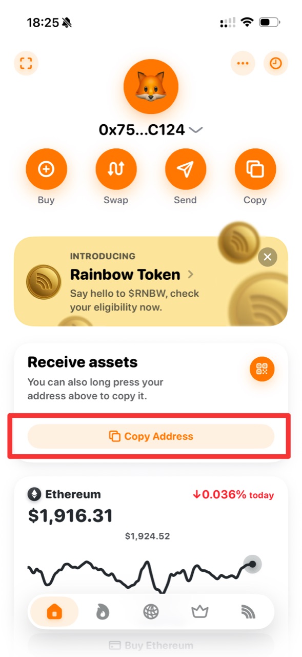 Rainbow 手機版首頁，Receive assets 下方的 Copy Address 已用紅框標示