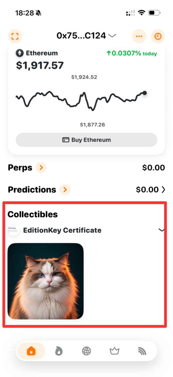 Rainbow 手機版首頁的 Collectibles 顯示 EditionKey Certificate