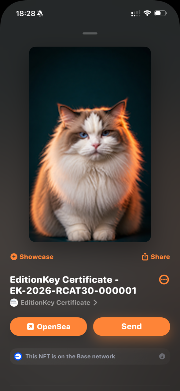 Rainbow 手機版 EditionKey Certificate 詳情，底部顯示 NFT 位於 Base network
